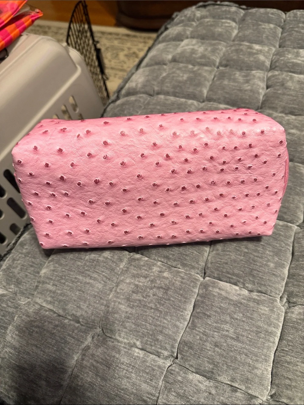 Makeup Junkie Pink Ostrich-Texture Cosmetic Pouch with Gold Hardware